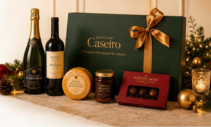 Cabaz empresarial Quinta do Caseiro com duas garrafas e produtos premium